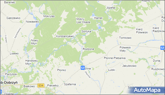 mapa Rodzone gmina Radomin, Rodzone gmina Radomin na mapie Targeo