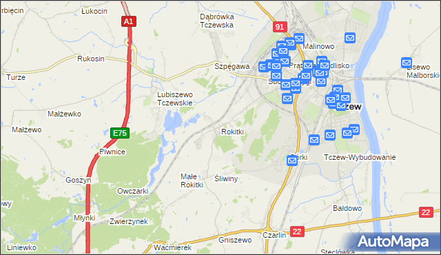 mapa Rokitki gmina Tczew, Rokitki gmina Tczew na mapie Targeo