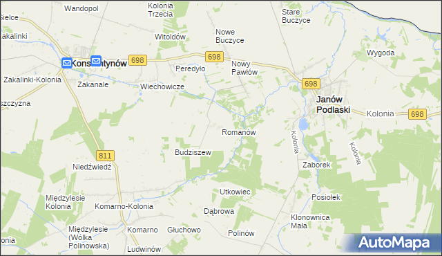 mapa Romanów gmina Janów Podlaski, Romanów gmina Janów Podlaski na mapie Targeo