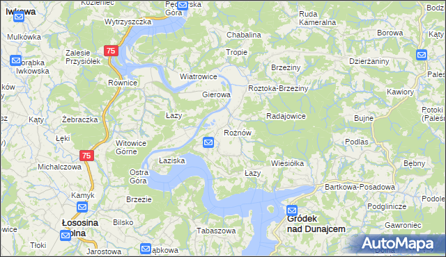 mapa Rożnów gmina Gródek nad Dunajcem, Rożnów gmina Gródek nad Dunajcem na mapie Targeo