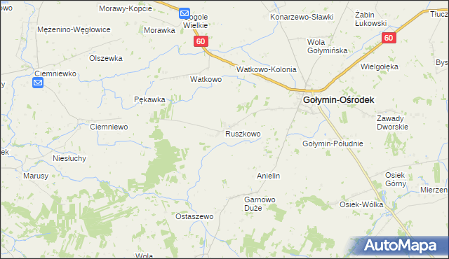 mapa Ruszkowo gmina Gołymin-Ośrodek, Ruszkowo gmina Gołymin-Ośrodek na mapie Targeo