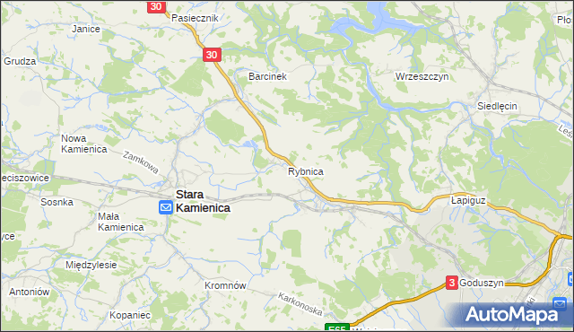 mapa Rybnica gmina Stara Kamienica, Rybnica gmina Stara Kamienica na mapie Targeo