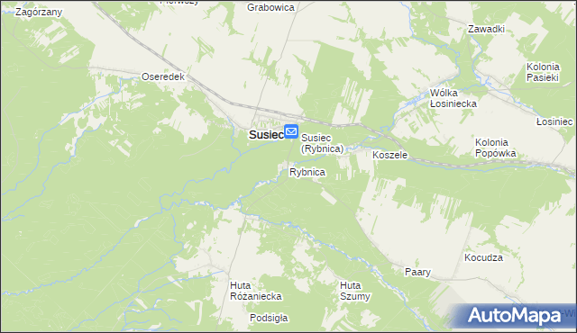 mapa Rybnica gmina Susiec, Rybnica gmina Susiec na mapie Targeo