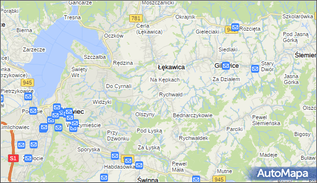mapa Rychwałd gmina Gilowice, Rychwałd gmina Gilowice na mapie Targeo