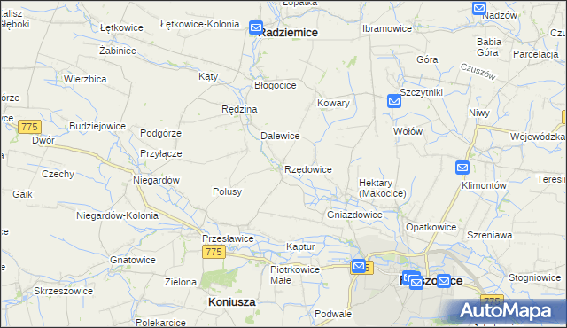mapa Rzędowice gmina Koniusza, Rzędowice gmina Koniusza na mapie Targeo