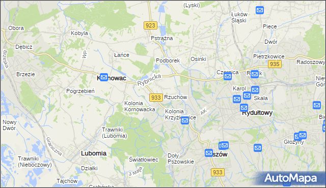 mapa Rzuchów gmina Kornowac, Rzuchów gmina Kornowac na mapie Targeo