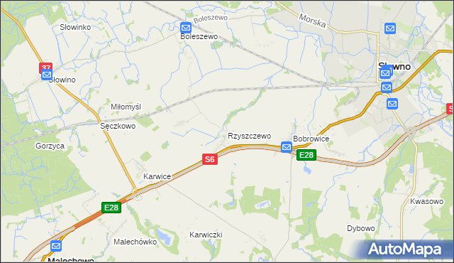 mapa Rzyszczewo gmina Sławno, Rzyszczewo gmina Sławno na mapie Targeo