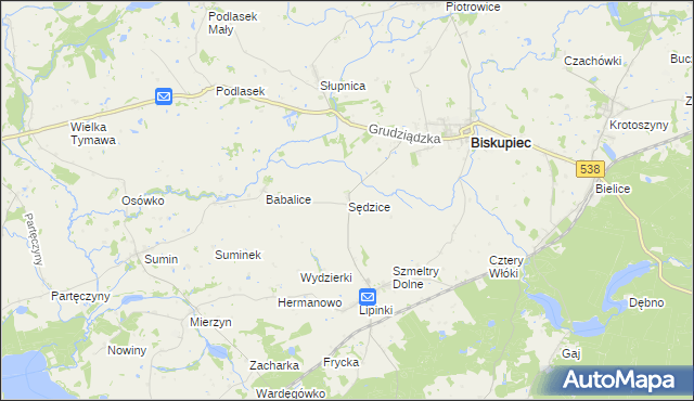 mapa Sędzice gmina Biskupiec, Sędzice gmina Biskupiec na mapie Targeo