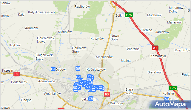 mapa Sieciechów gmina Kutno, Sieciechów gmina Kutno na mapie Targeo