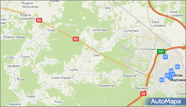 mapa Sielc gmina Ostrów Mazowiecka, Sielc gmina Ostrów Mazowiecka na mapie Targeo