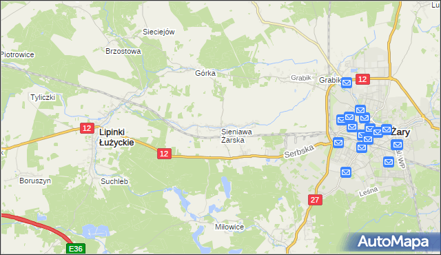 mapa Sieniawa Żarska, Sieniawa Żarska na mapie Targeo