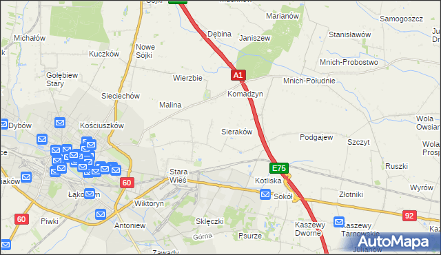 mapa Sieraków gmina Kutno, Sieraków gmina Kutno na mapie Targeo