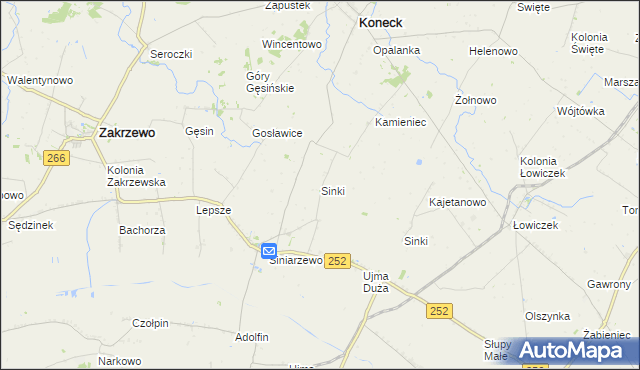 mapa Sinki gmina Zakrzewo, Sinki gmina Zakrzewo na mapie Targeo