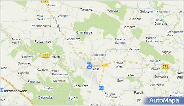 mapa Sobiesęki gmina Skała, Sobiesęki gmina Skała na mapie Targeo
