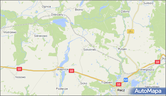 mapa Sokoliniec gmina Recz, Sokoliniec gmina Recz na mapie Targeo