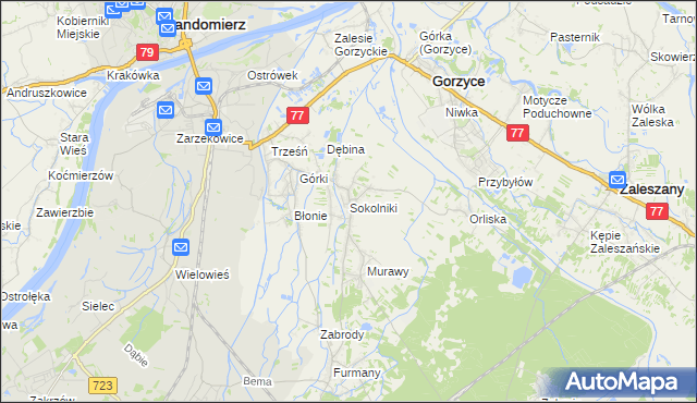 mapa Sokolniki gmina Gorzyce, Sokolniki gmina Gorzyce na mapie Targeo