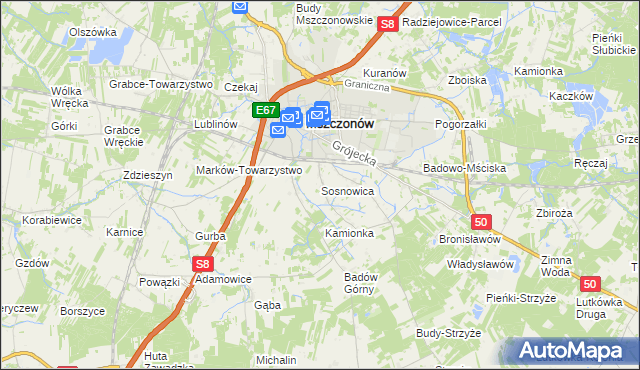 mapa Sosnowica gmina Mszczonów, Sosnowica gmina Mszczonów na mapie Targeo