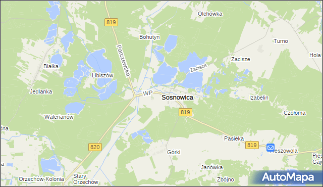 mapa Sosnowica powiat parczewski, Sosnowica powiat parczewski na mapie Targeo