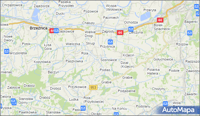 mapa Sosnowice gmina Brzeźnica, Sosnowice gmina Brzeźnica na mapie Targeo