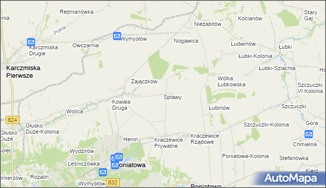 mapa Spławy gmina Poniatowa, Spławy gmina Poniatowa na mapie Targeo