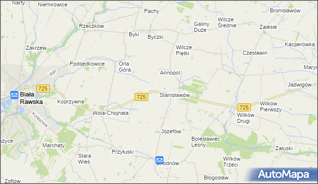mapa Stanisławów gmina Biała Rawska, Stanisławów gmina Biała Rawska na mapie Targeo