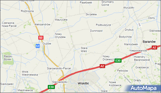 mapa Stara Wieś gmina Wiskitki, Stara Wieś gmina Wiskitki na mapie Targeo