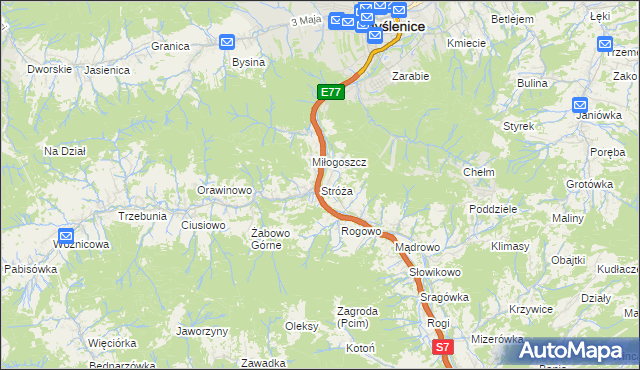 mapa Stróża gmina Pcim, Stróża gmina Pcim na mapie Targeo