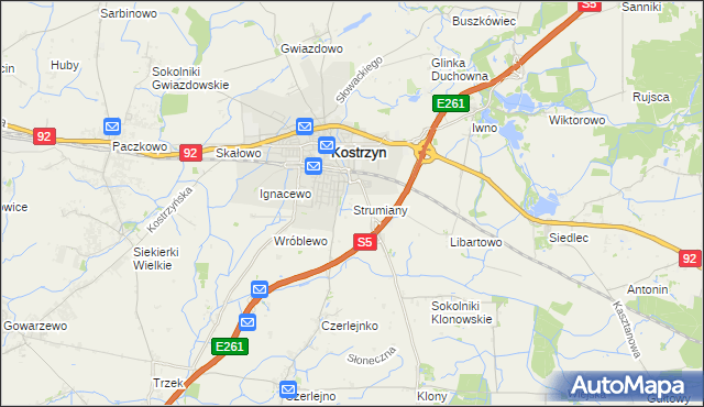 mapa Strumiany gmina Kostrzyn, Strumiany gmina Kostrzyn na mapie Targeo