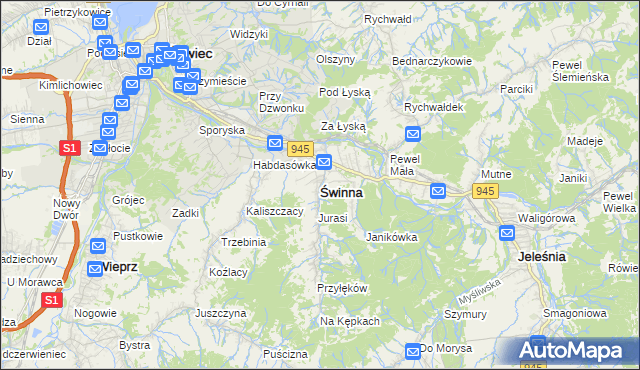 mapa Świnna powiat żywiecki, Świnna powiat żywiecki na mapie Targeo