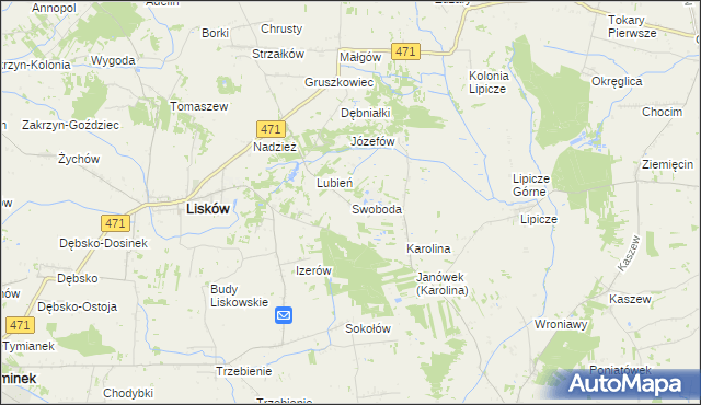 mapa Swoboda gmina Lisków, Swoboda gmina Lisków na mapie Targeo