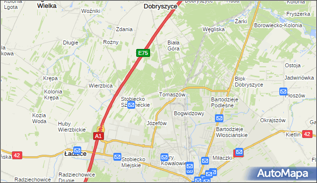mapa Tomaszów gmina Ładzice, Tomaszów gmina Ładzice na mapie Targeo