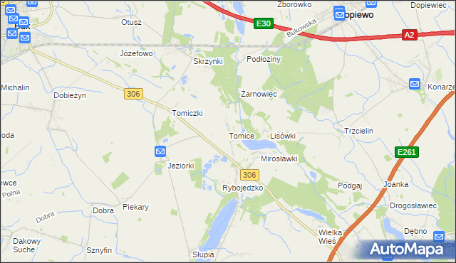 mapa Tomice gmina Stęszew, Tomice gmina Stęszew na mapie Targeo