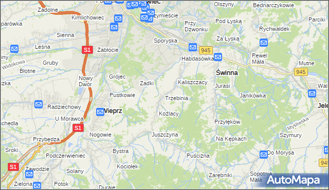 mapa Trzebinia gmina Świnna, Trzebinia gmina Świnna na mapie Targeo