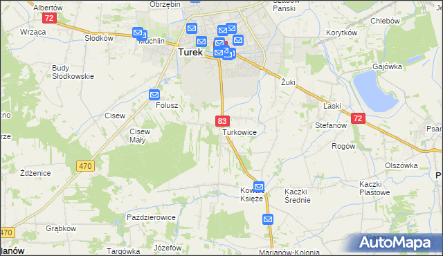 mapa Turkowice gmina Turek, Turkowice gmina Turek na mapie Targeo