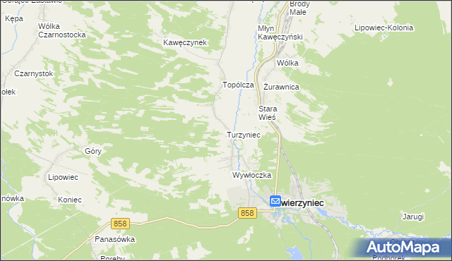 mapa Turzyniec gmina Zwierzyniec, Turzyniec gmina Zwierzyniec na mapie Targeo