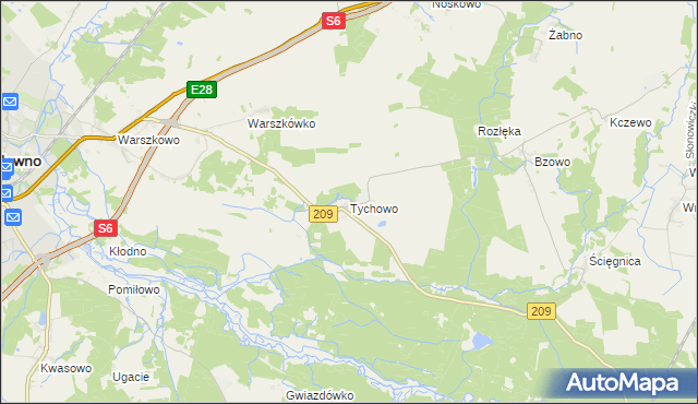mapa Tychowo gmina Sławno, Tychowo gmina Sławno na mapie Targeo