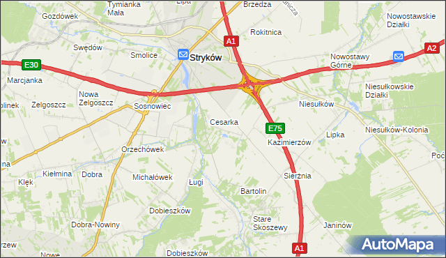 mapa Warszewice gmina Stryków, Warszewice gmina Stryków na mapie Targeo