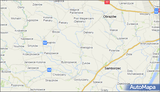 mapa Wielogóra gmina Samborzec, Wielogóra gmina Samborzec na mapie Targeo