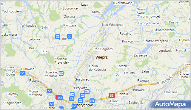 mapa Wieprz powiat wadowicki, Wieprz powiat wadowicki na mapie Targeo