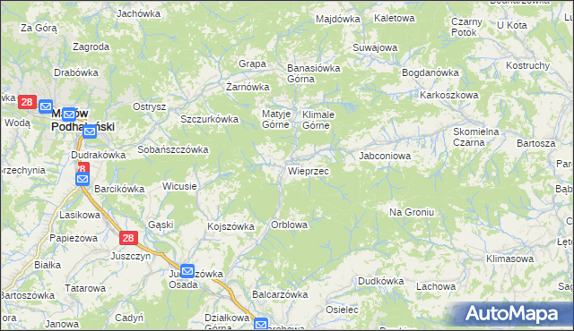 mapa Wieprzec gmina Maków Podhalański, Wieprzec gmina Maków Podhalański na mapie Targeo