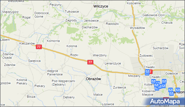 mapa Wierzbiny gmina Obrazów, Wierzbiny gmina Obrazów na mapie Targeo