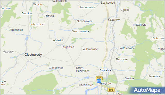 mapa Wilamowice gmina Ciepłowody, Wilamowice gmina Ciepłowody na mapie Targeo