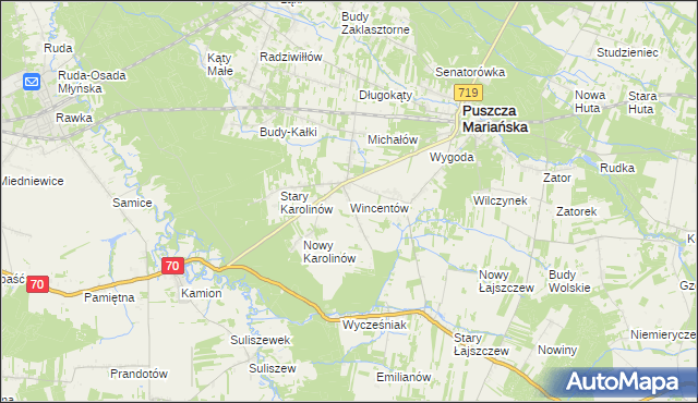 mapa Wincentów gmina Puszcza Mariańska, Wincentów gmina Puszcza Mariańska na mapie Targeo