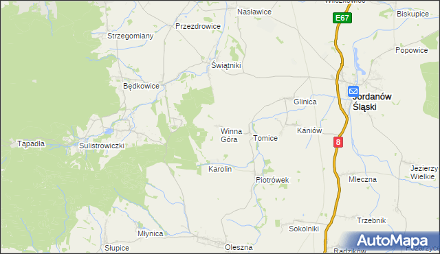 mapa Winna Góra gmina Jordanów Śląski, Winna Góra gmina Jordanów Śląski na mapie Targeo