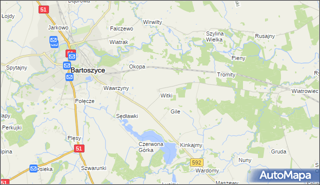 mapa Witki gmina Bartoszyce, Witki gmina Bartoszyce na mapie Targeo