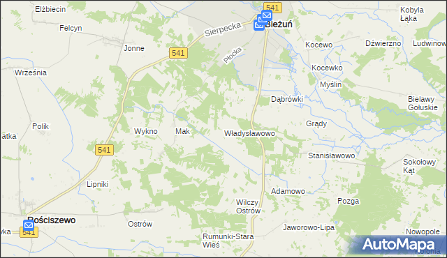 mapa Władysławowo gmina Bieżuń, Władysławowo gmina Bieżuń na mapie Targeo
