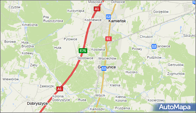 mapa Wojciechów gmina Gomunice, Wojciechów gmina Gomunice na mapie Targeo