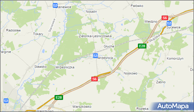 mapa Wrześnica gmina Sławno, Wrześnica gmina Sławno na mapie Targeo