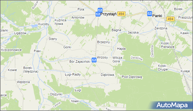 mapa Wrzosy gmina Przystajń, Wrzosy gmina Przystajń na mapie Targeo