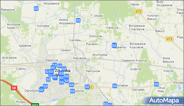 mapa Wymysłów gmina Zduńska Wola, Wymysłów gmina Zduńska Wola na mapie Targeo